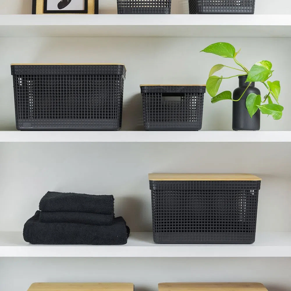 Cesta Grid Con Tapa De Bambú 20 L Negro