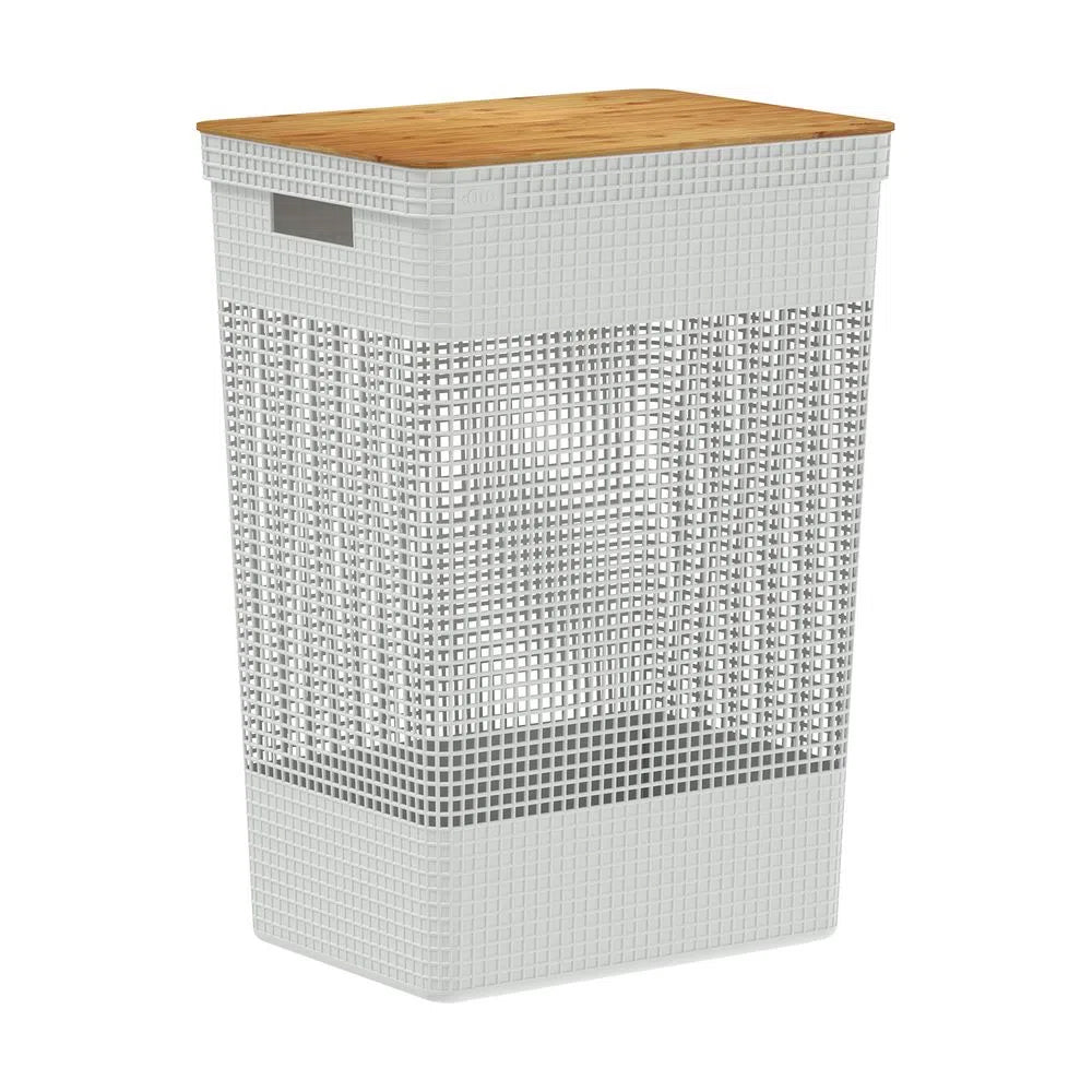 Cesta de Ropa Grid Con Tapa De Bambú 49 L Blanco Océano