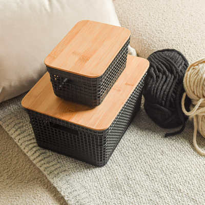 Cesta Grid Con Tapa De Bambú 2.5 L Negro